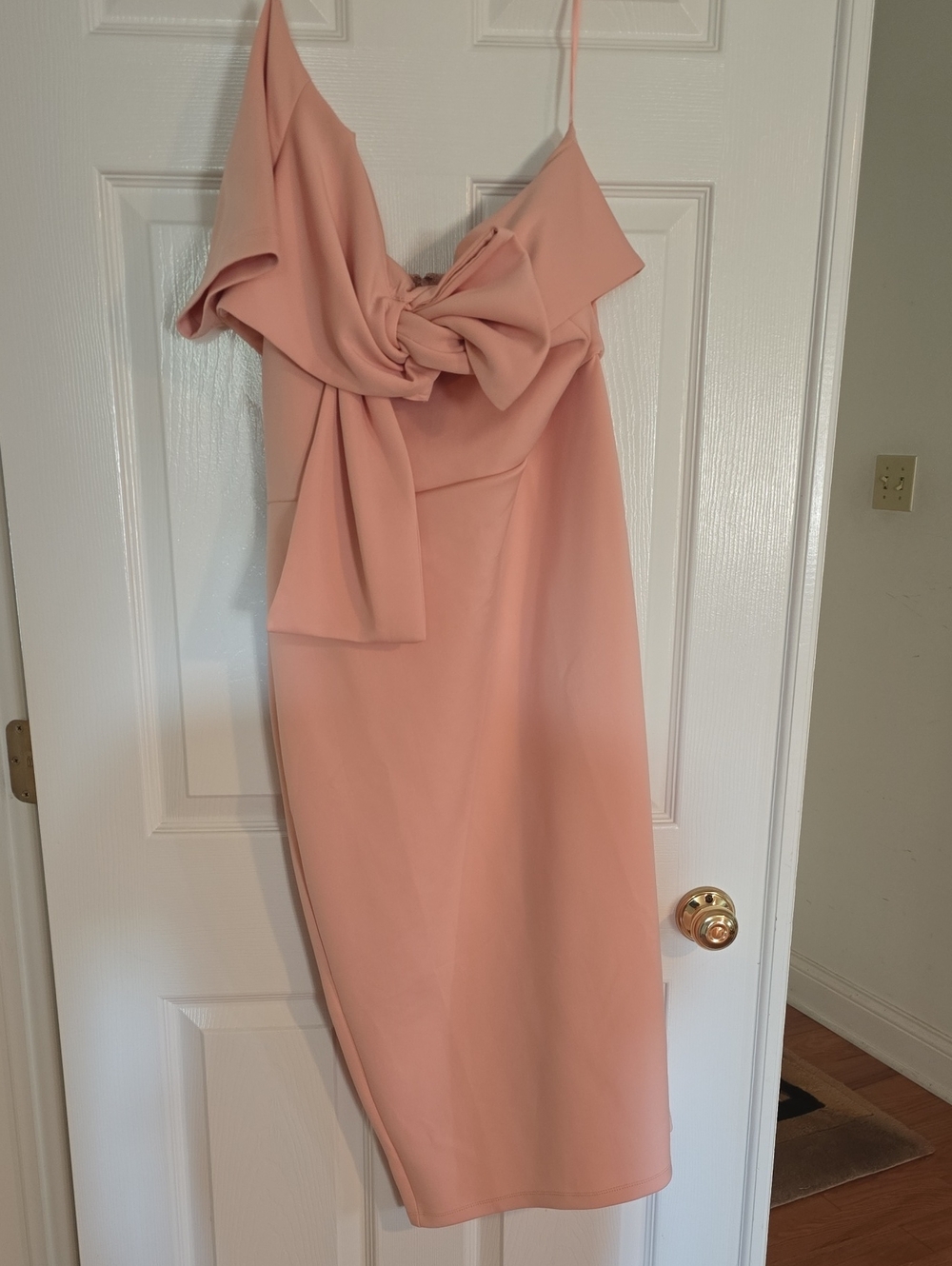 One-Shoulder Blush Pink Knot-Detail Midi Dress
